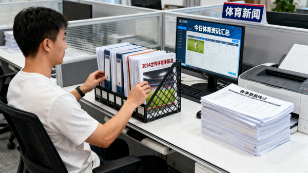 体育新闻编辑室内整理赛事报道与资讯素材的场景